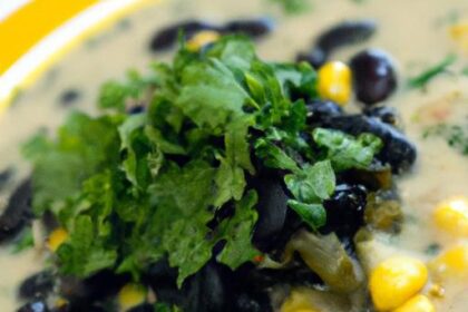 Velvety Poblano Soup with Black Beans, Corn & Cream Delight