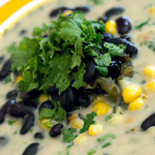 Velvety Poblano Soup with Black Beans, Corn & Cream Delight